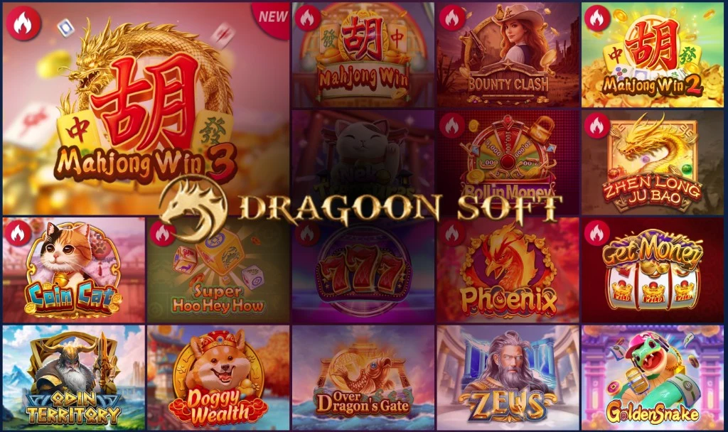 Dragoon Soft game tiles and studio logo in a grid of colourful slot and Asian-themed game artwork
