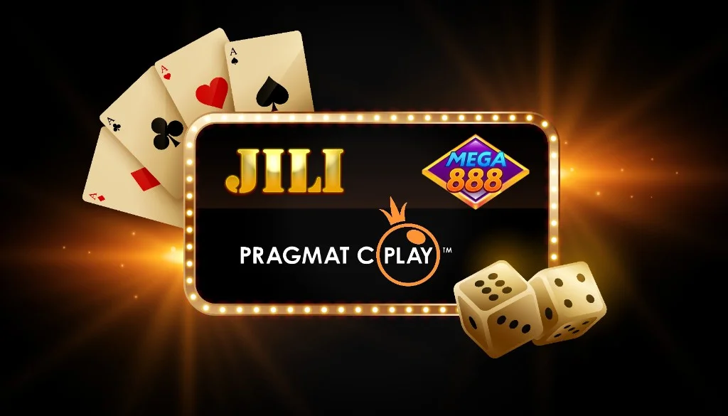 JILI, Pragmatic Play and Mega888 logos shown with playing cards and dice