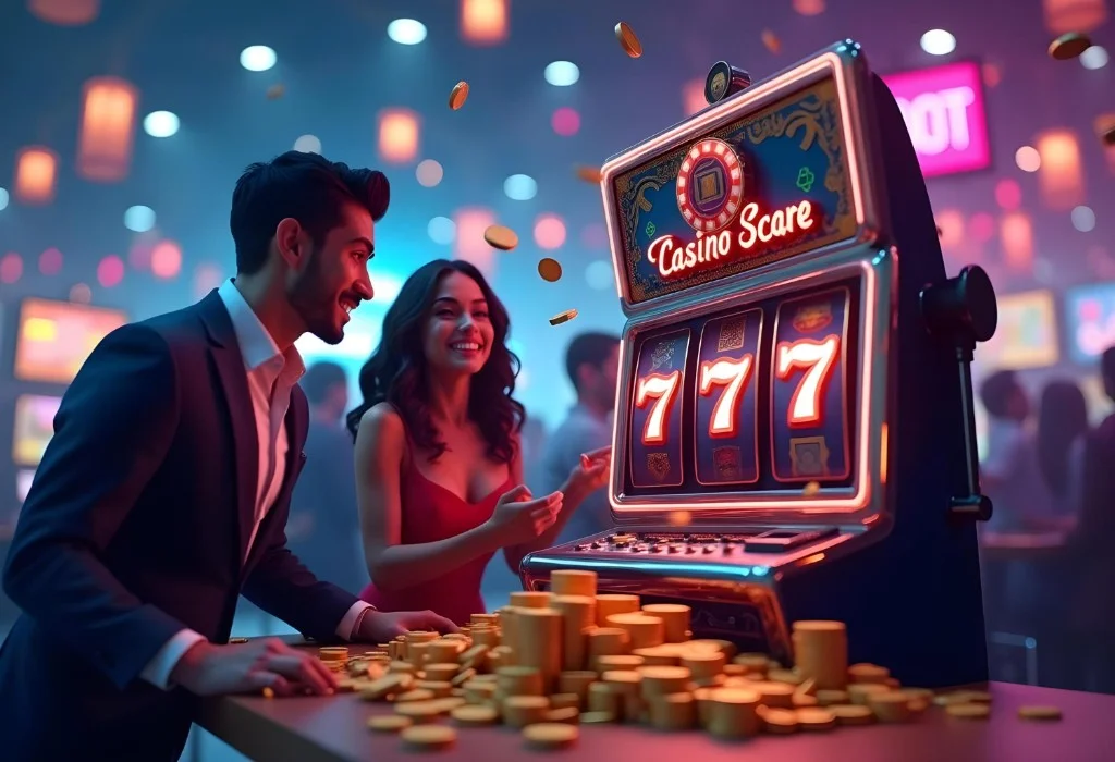 Couple beside a glowing slot machine with coins in a casino-style scene