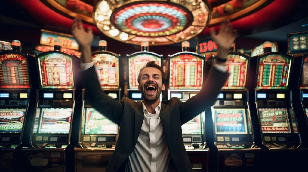 Player celebrating in front of slot machines after a big win