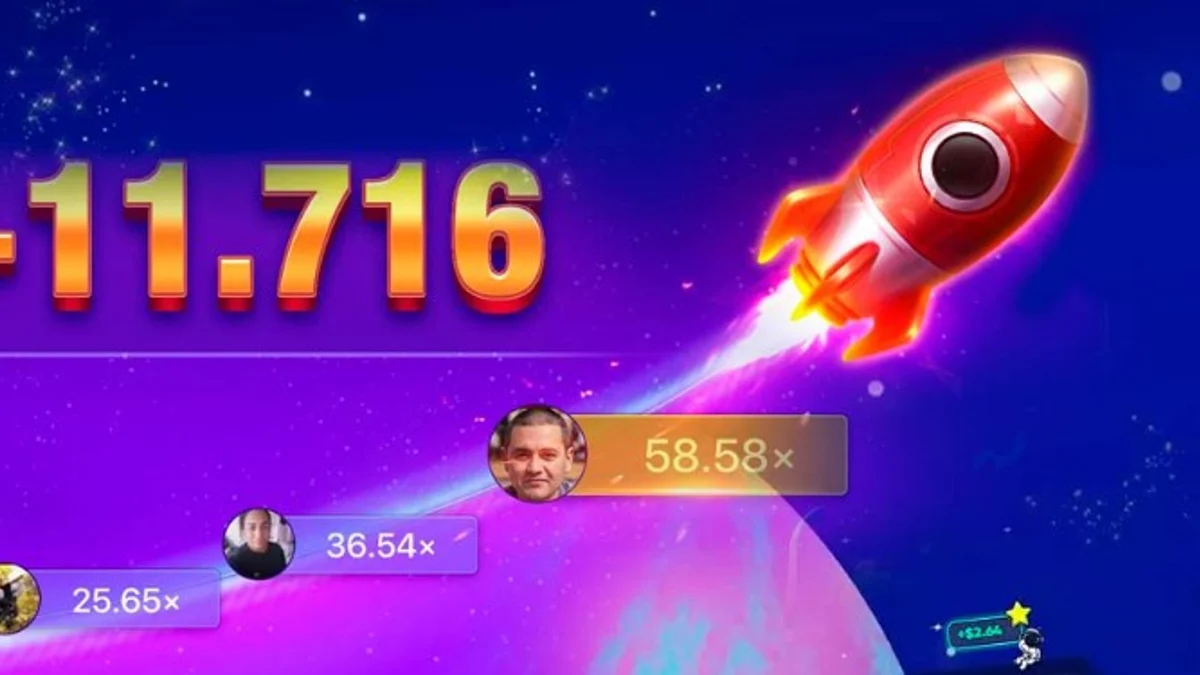 Crash-style game screen with a rising gold multiplier and a rocket climbing through a purple starfield, illustrating fast casual play